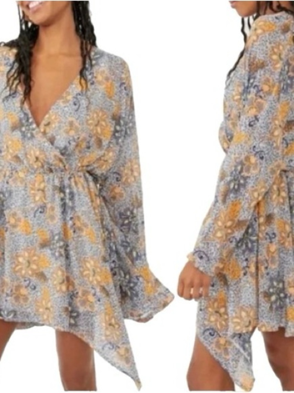 Free People Gray and Mustard Floral Asymmetrical Wrap Dress